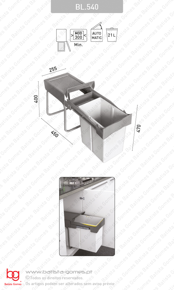 Balde para lixo extra�vel - Porta lateral - M�d. 300 - Autom�tico - 21L